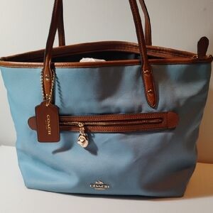 Coach Light Blue Tote with Brown Leather Trim